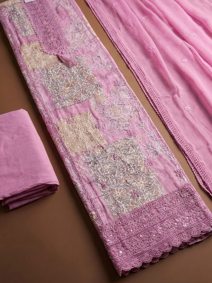 Pink Cotton Blend Printed Unstitched Dress Material