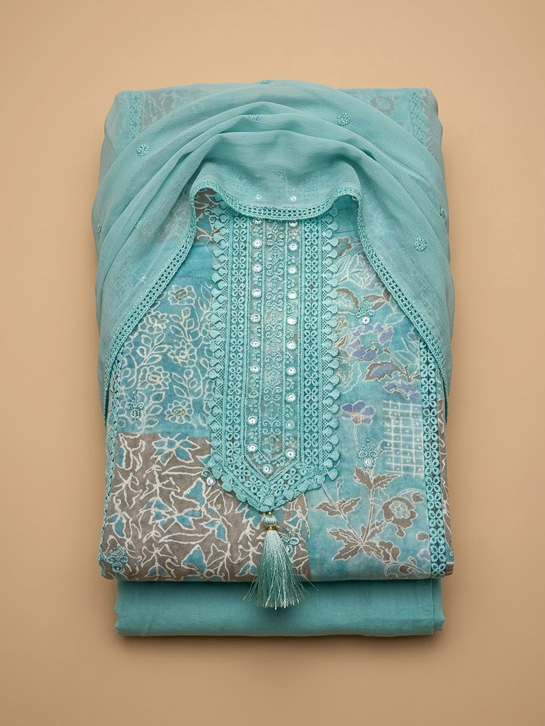 Sky Blue Cotton Blend Printed Unstitched Dress Material