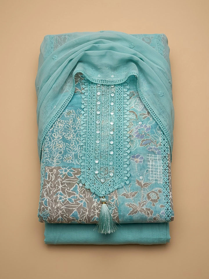 Sky Blue Cotton Blend Printed Unstitched Dress Material