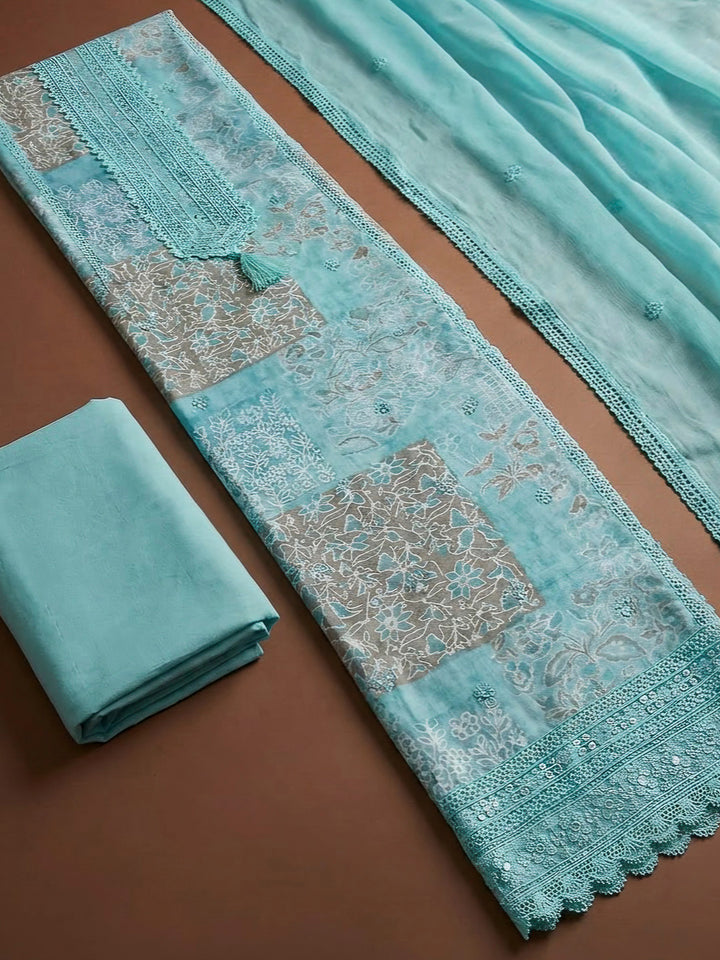 Sky Blue Cotton Blend Printed Unstitched Dress Material