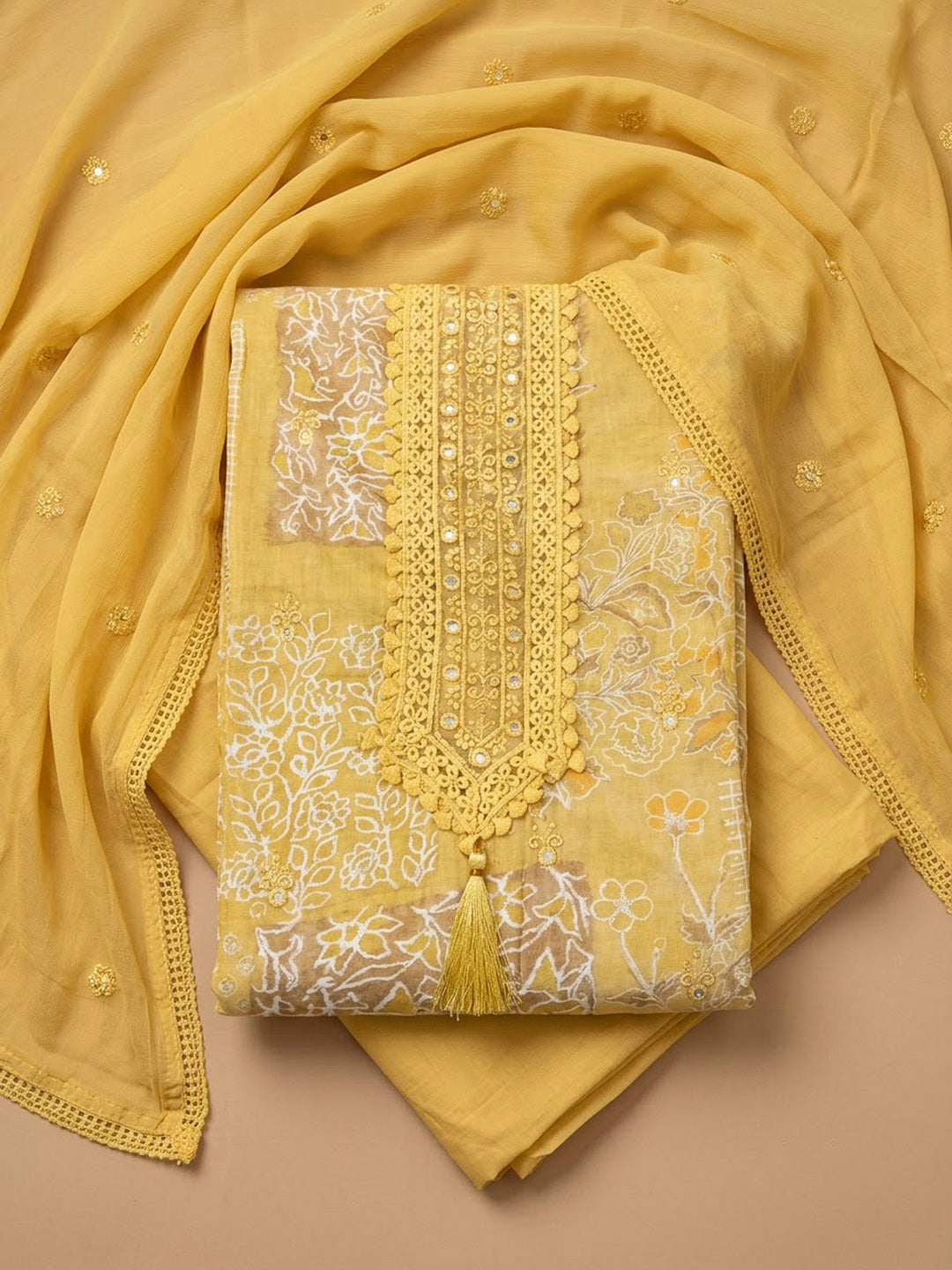 Yellow Cotton Blend Printed Unstitched Dress Material