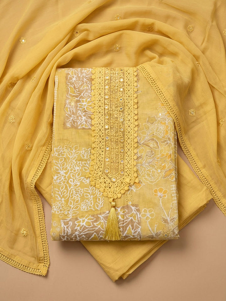 Yellow Cotton Blend Printed Unstitched Dress Material