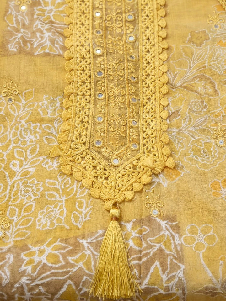 Yellow Cotton Blend Printed Unstitched Dress Material