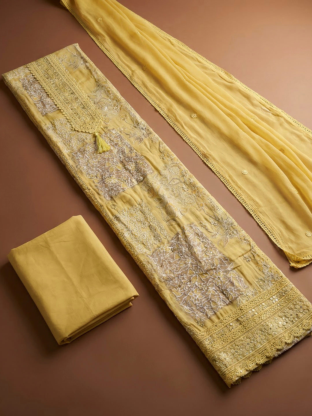 Yellow Cotton Blend Printed Unstitched Dress Material
