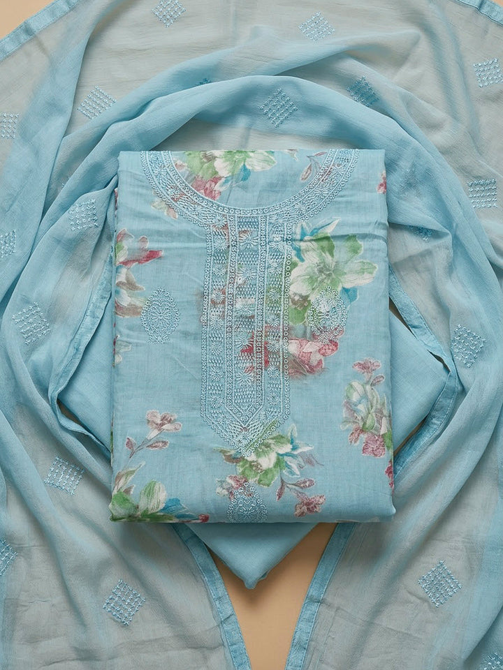 Blue Cotton Blend Embroidered Unstitched Dress Material
