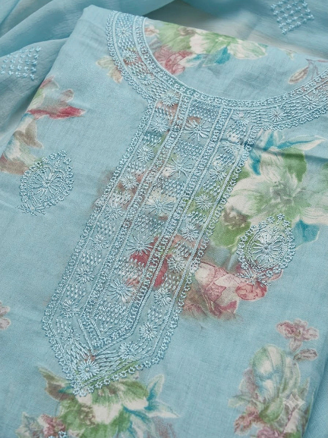 Blue Cotton Blend Embroidered Unstitched Dress Material