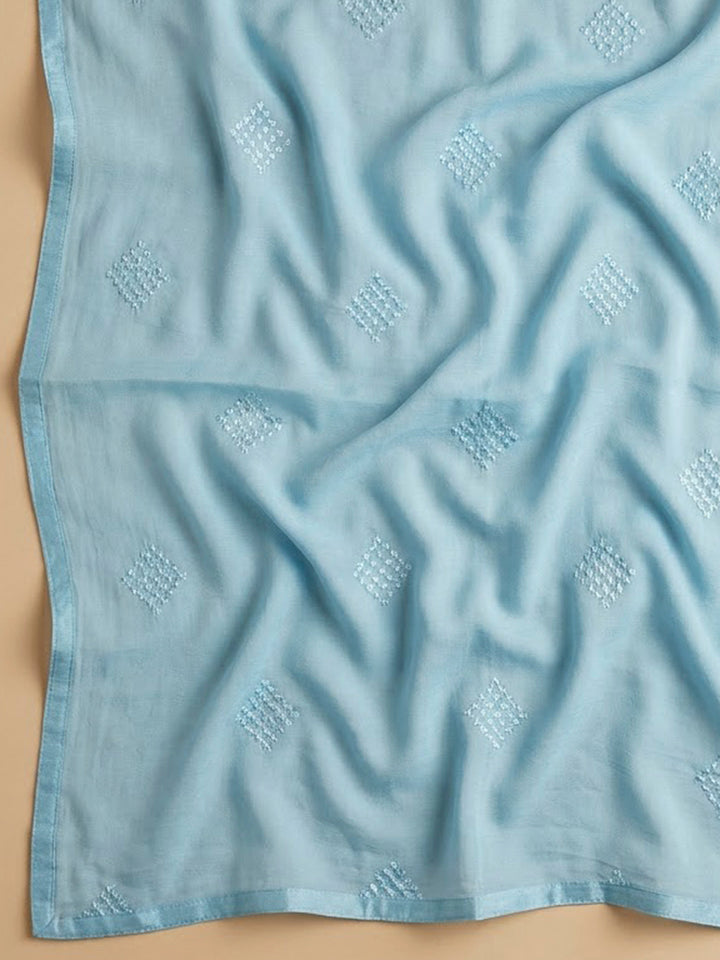 Blue Cotton Blend Embroidered Unstitched Dress Material