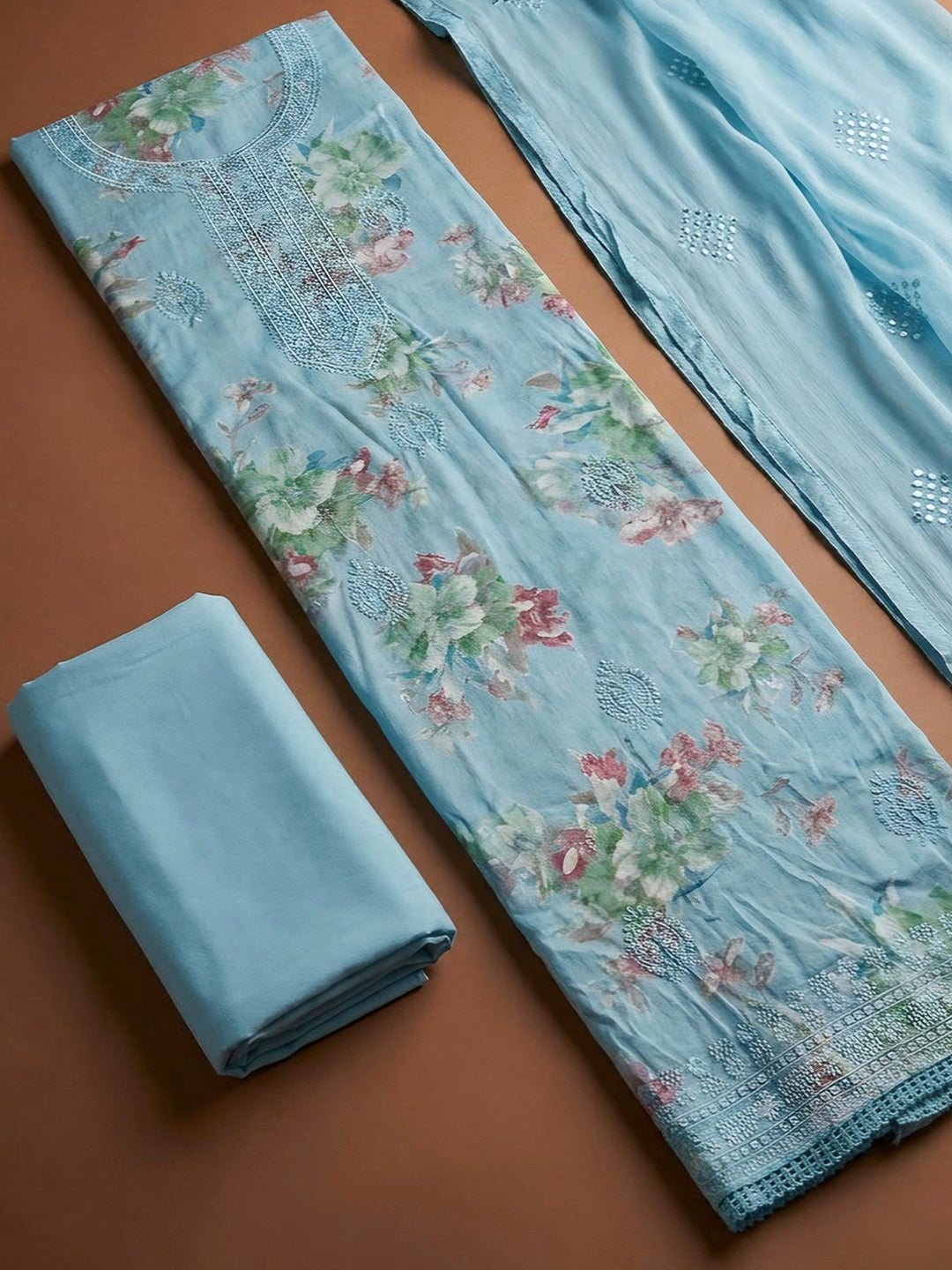 Blue Cotton Blend Embroidered Unstitched Dress Material