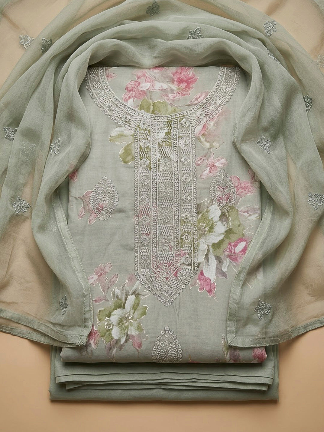 Grey Cotton Blend Embroidered Unstitched Dress Material