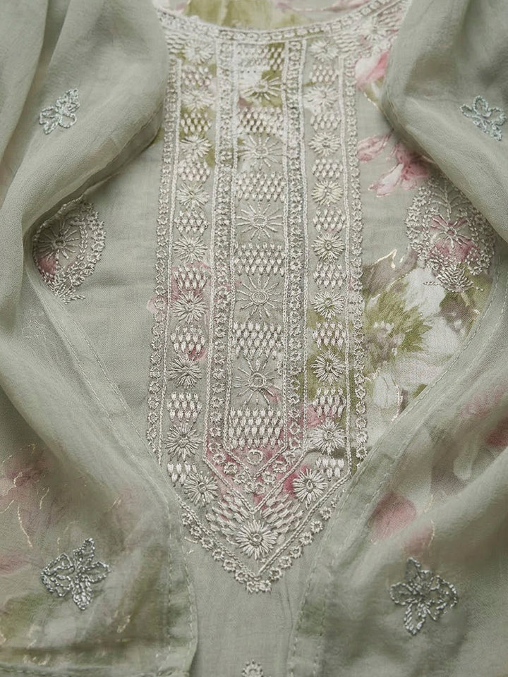 Grey Cotton Blend Embroidered Unstitched Dress Material