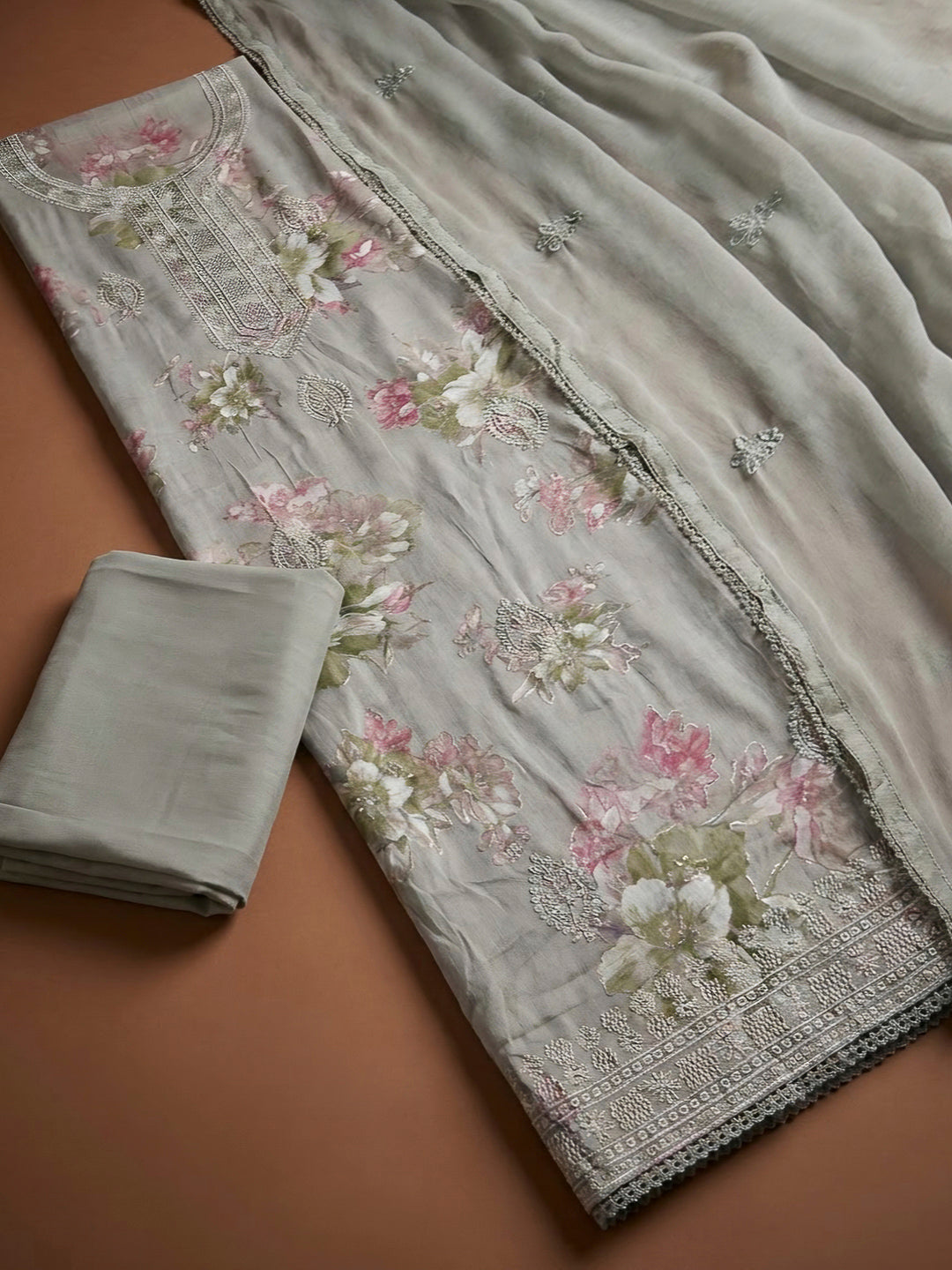 Grey Cotton Blend Embroidered Unstitched Dress Material