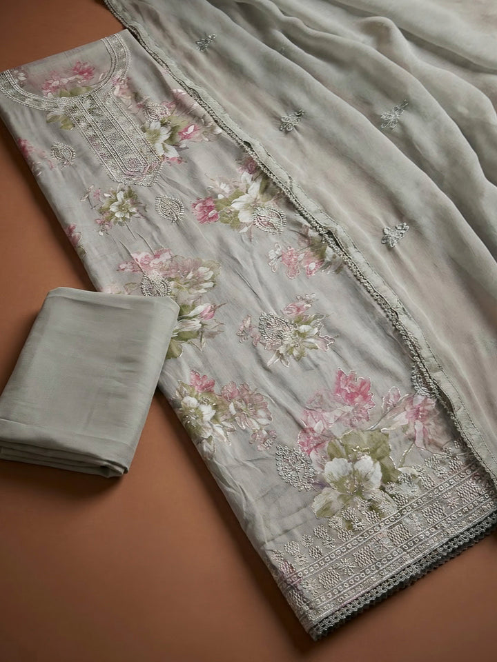 Grey Cotton Blend Embroidered Unstitched Dress Material