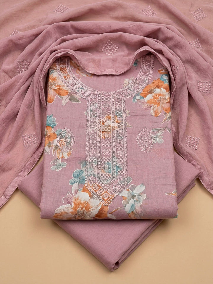 Onion Pink Cotton Blend Embroidered Unstitched Dress Material