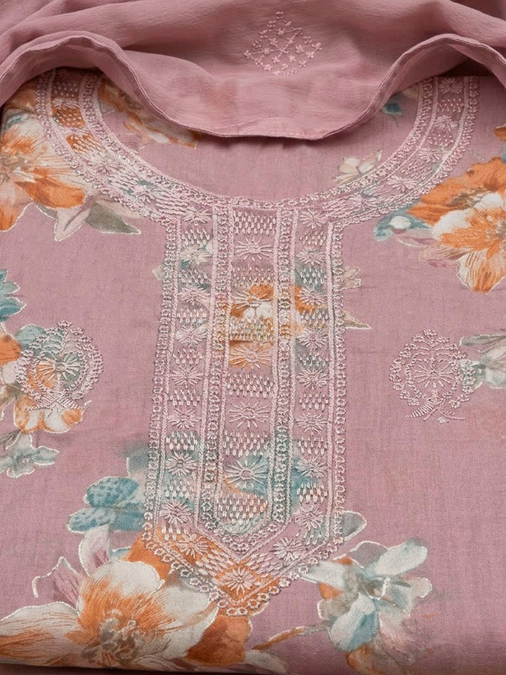 Onion Pink Cotton Blend Embroidered Unstitched Dress Material