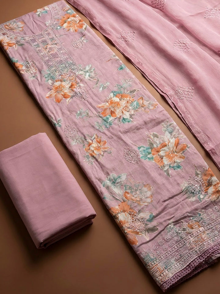 Onion Pink Cotton Blend Embroidered Unstitched Dress Material