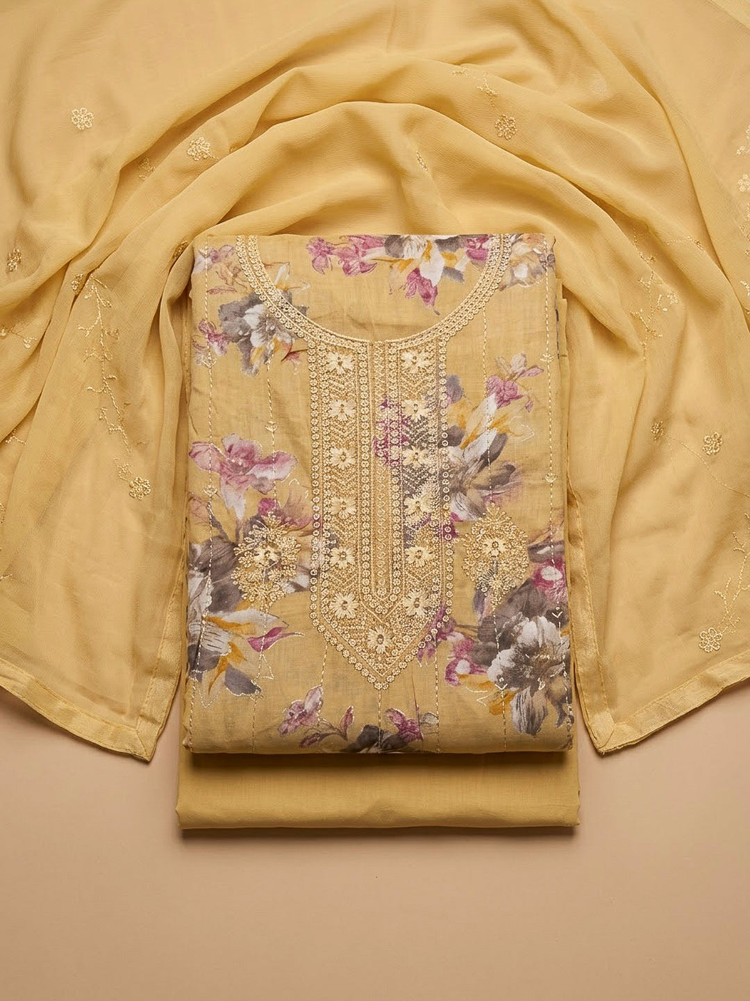 Yellow Cotton Blend Embroidered Unstitched Dress Material