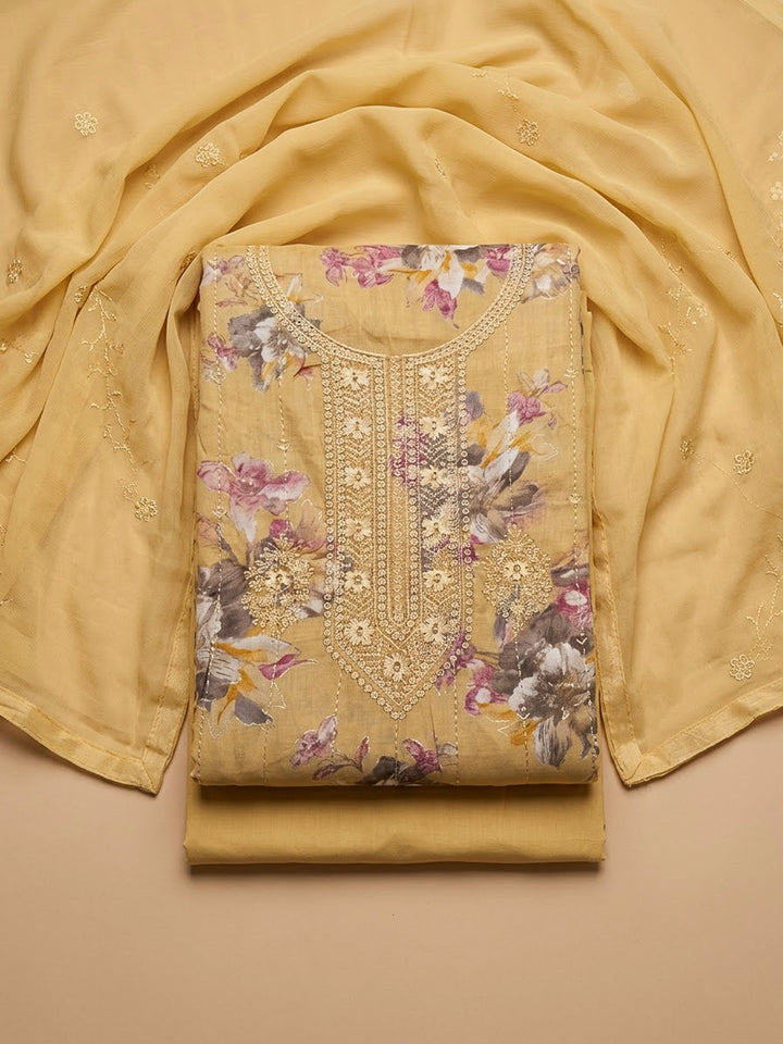 Yellow Cotton Blend Embroidered Unstitched Dress Material