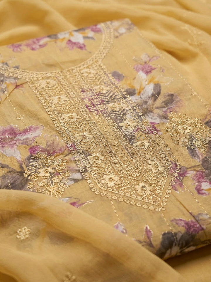 Yellow Cotton Blend Embroidered Unstitched Dress Material