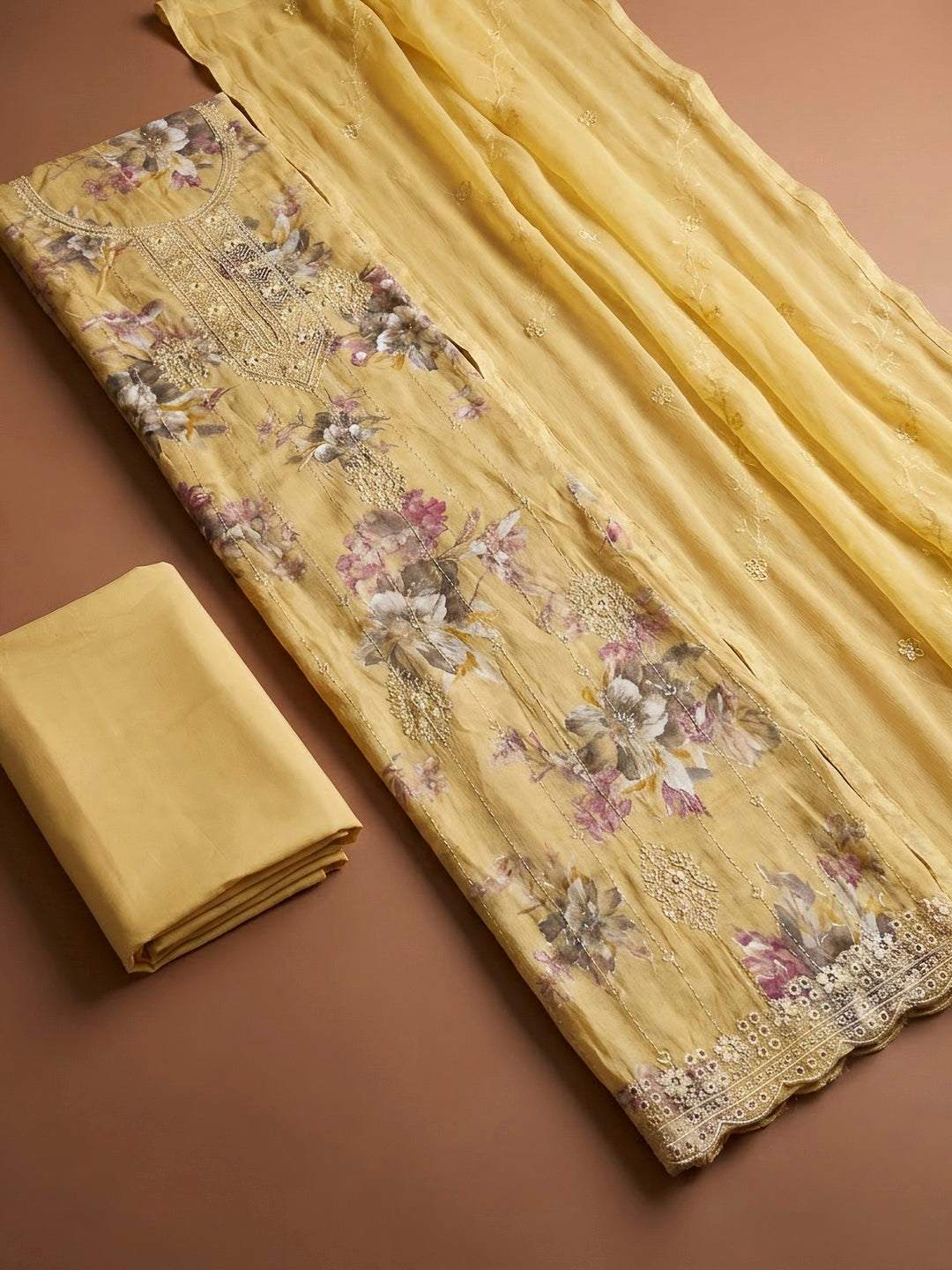 Yellow Cotton Blend Embroidered Unstitched Dress Material