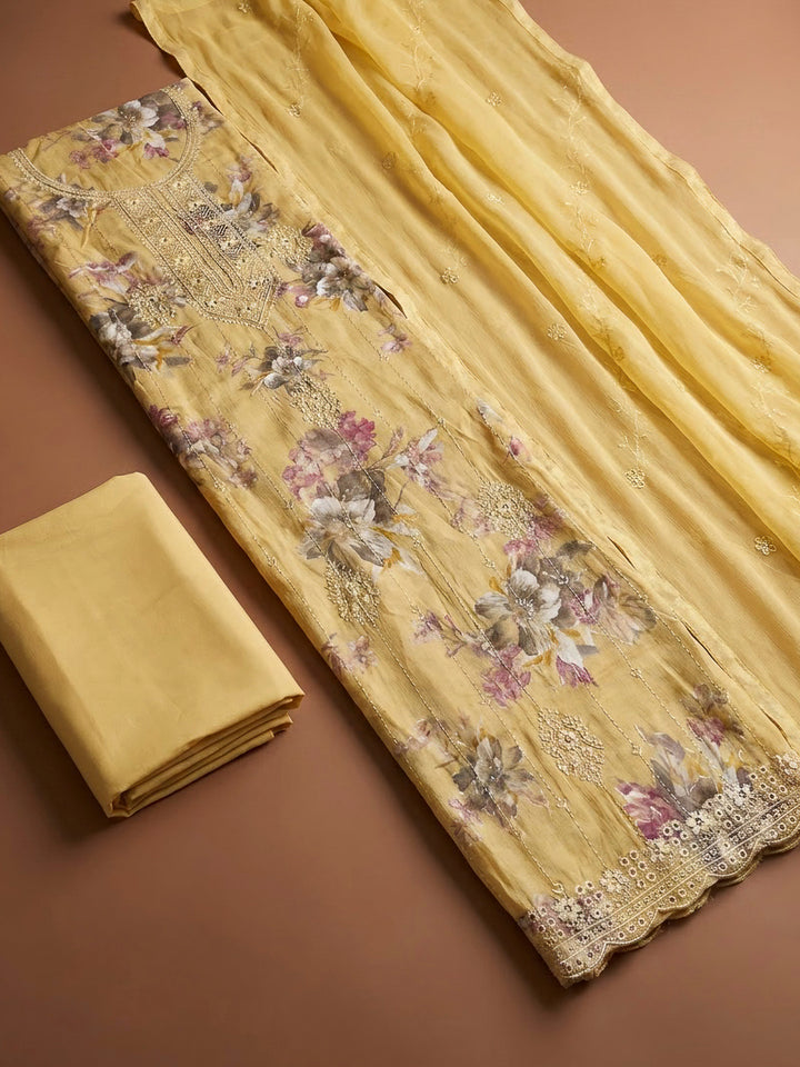 Yellow Cotton Blend Embroidered Unstitched Dress Material