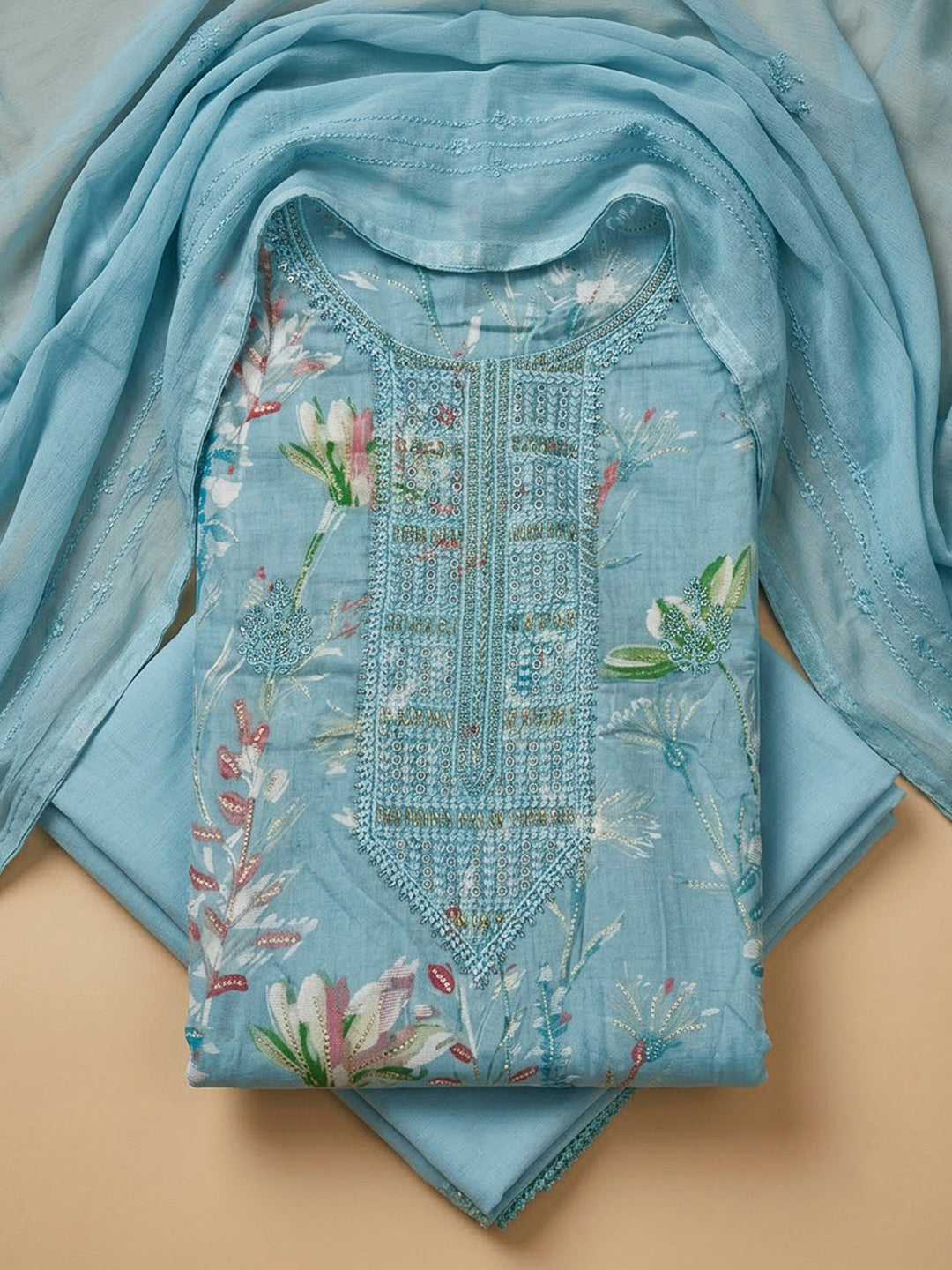 Blue Cotton Blend Embroidered Unstitched Dress Material