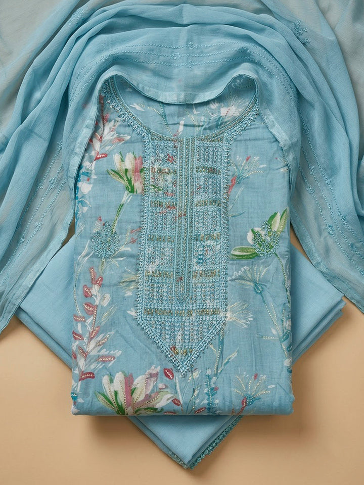 Blue Cotton Blend Embroidered Unstitched Dress Material