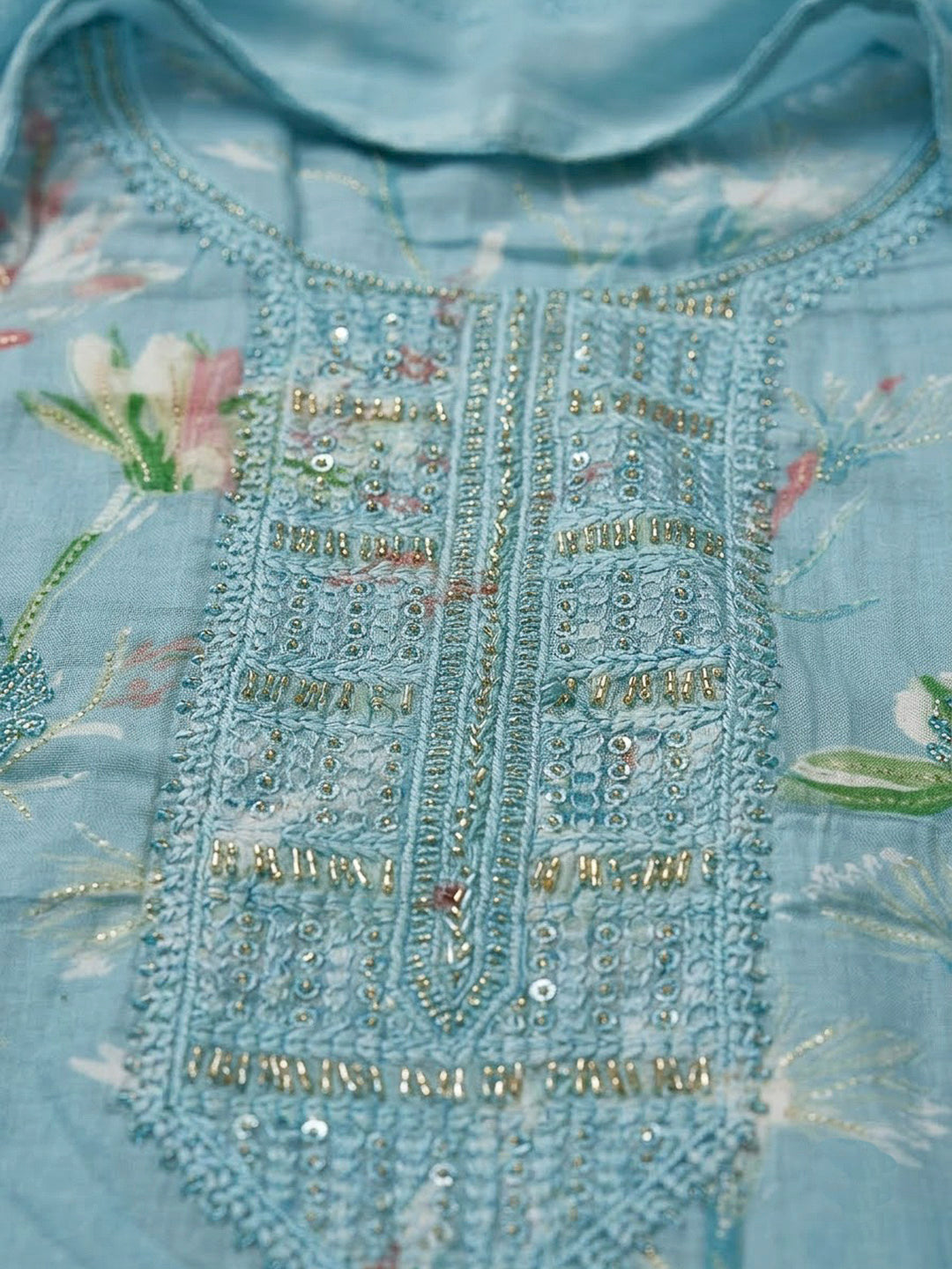 Blue Cotton Blend Embroidered Unstitched Dress Material