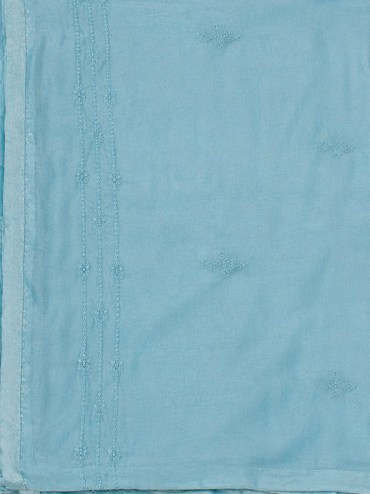 Blue Cotton Blend Embroidered Unstitched Dress Material