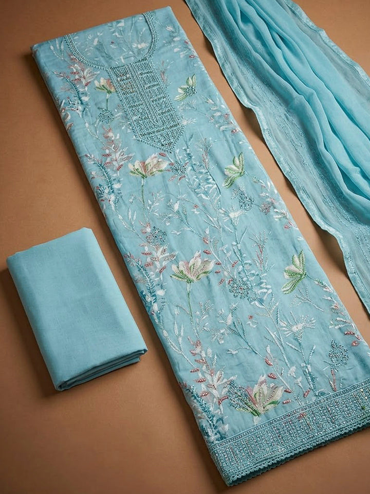 Blue Cotton Blend Embroidered Unstitched Dress Material