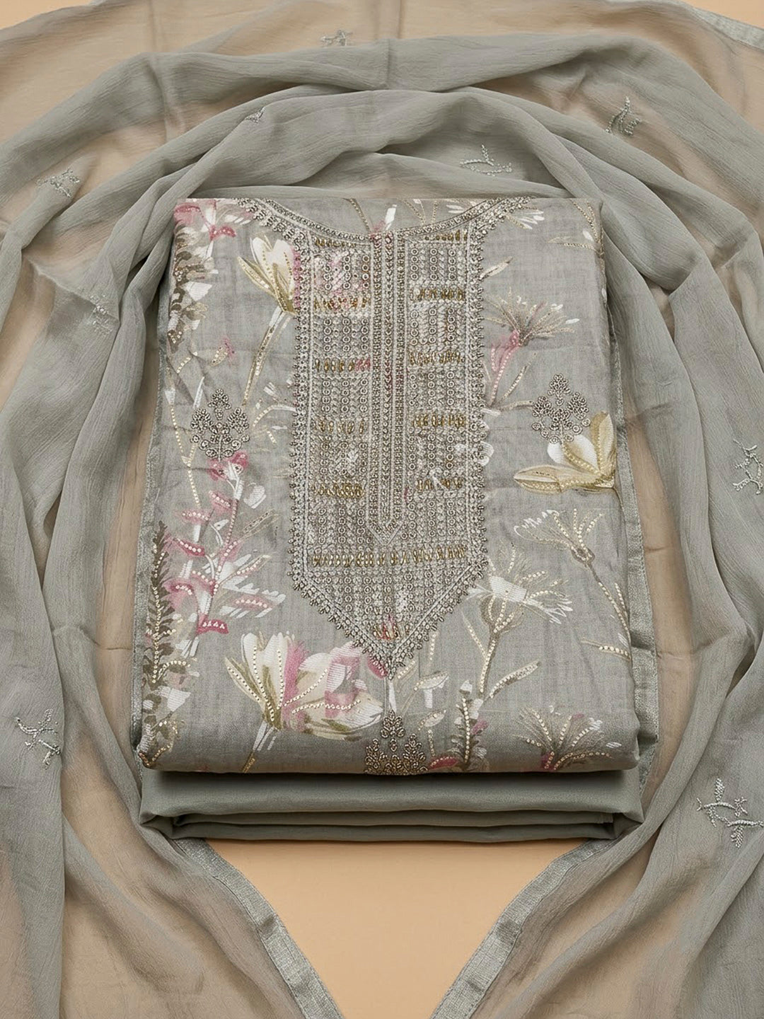 Grey Cotton Blend Embroidered Unstitched Dress Material