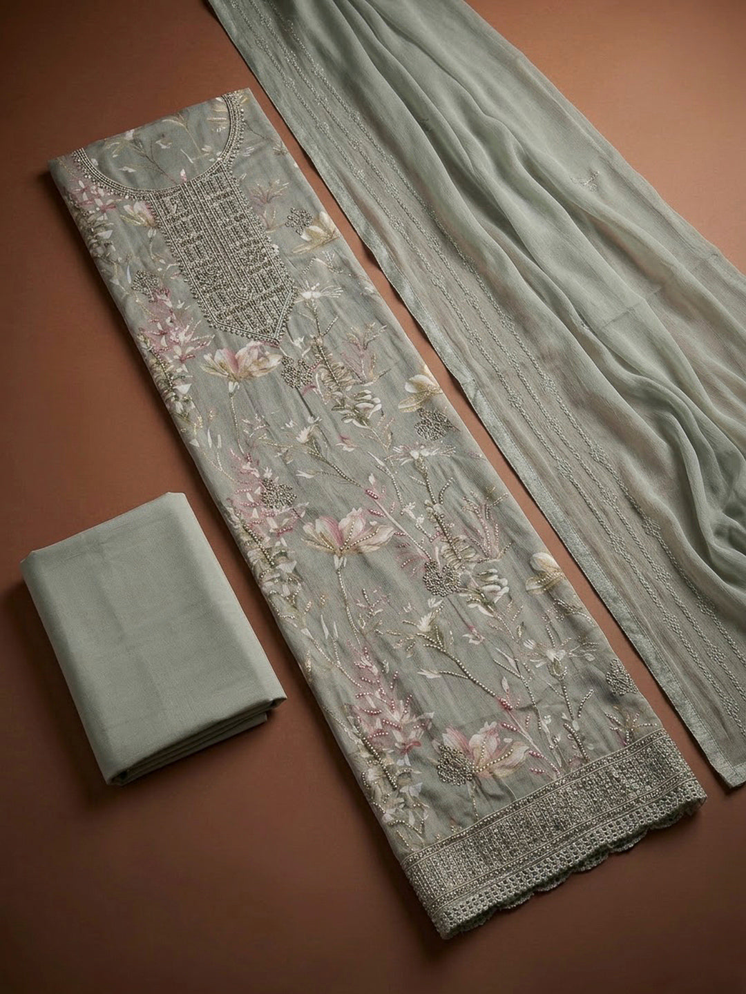 Grey Cotton Blend Embroidered Unstitched Dress Material