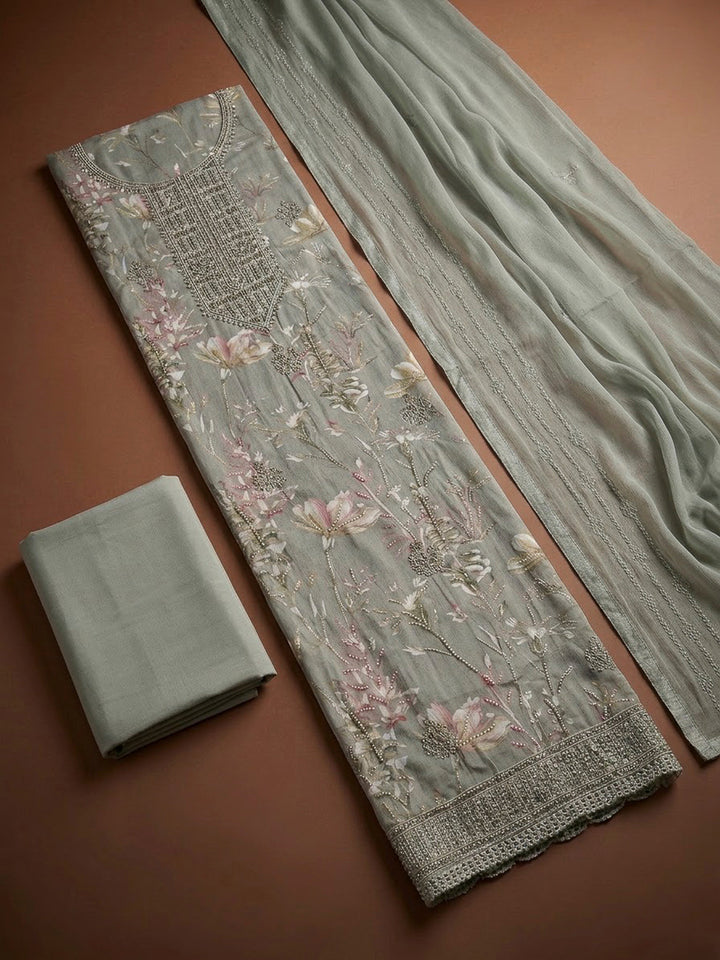 Grey Cotton Blend Embroidered Unstitched Dress Material