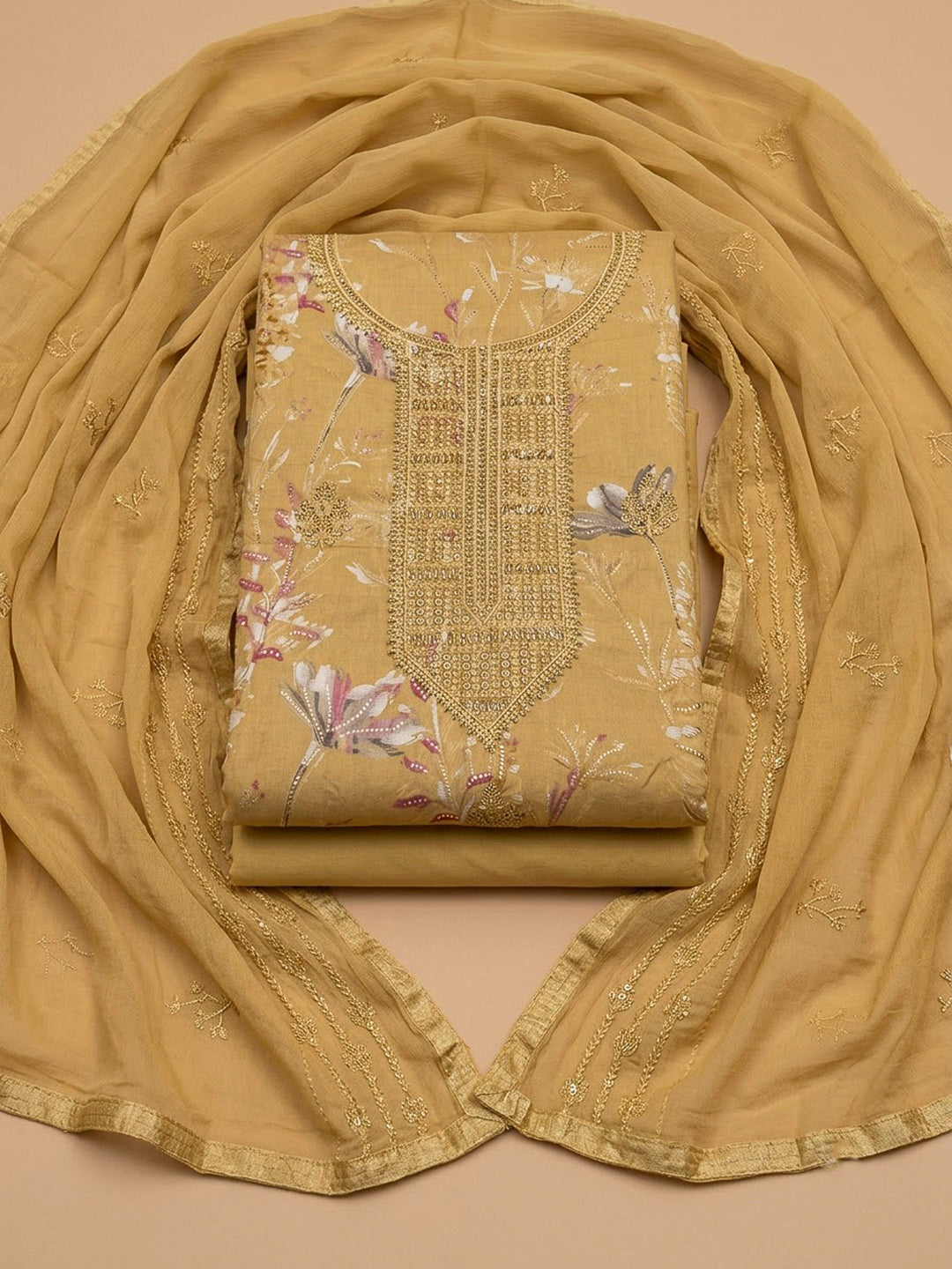 Mustard Cotton Blend Embroidered Unstitched Dress Material