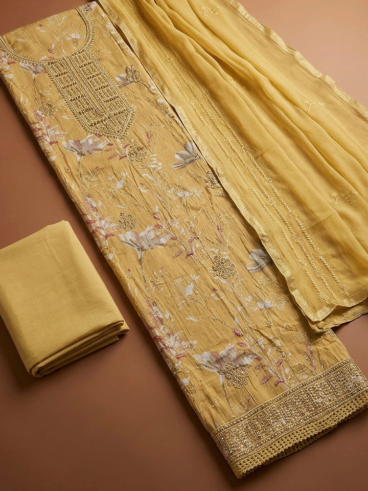 Mustard Cotton Blend Embroidered Unstitched Dress Material