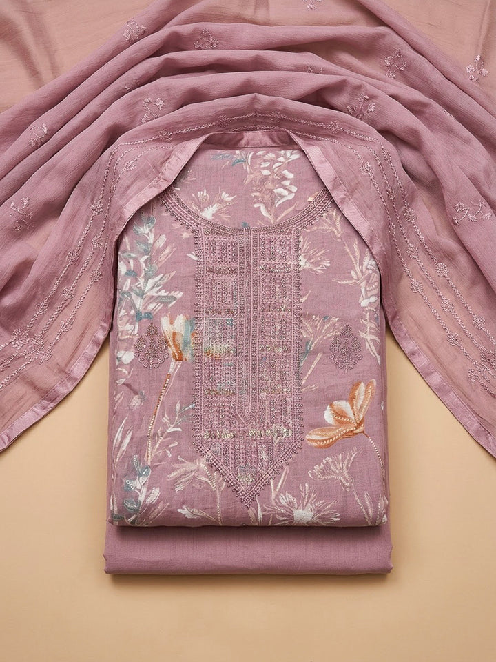 Onion Pink Cotton Blend Embroidered Unstitched Dress Material
