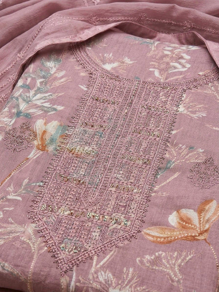 Onion Pink Cotton Blend Embroidered Unstitched Dress Material