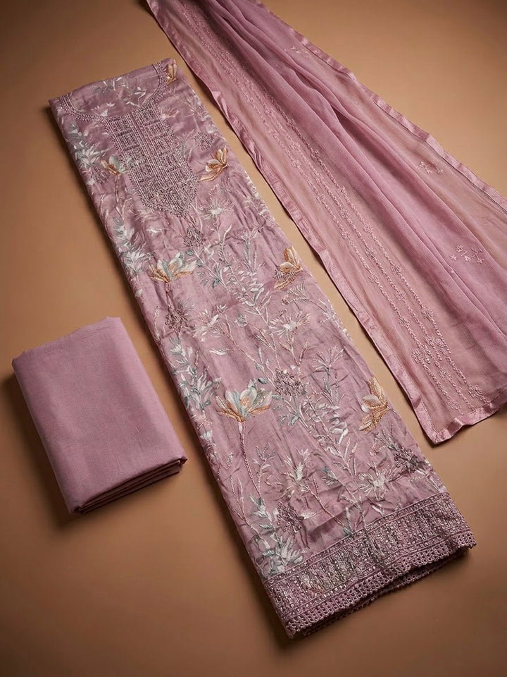 Onion Pink Cotton Blend Embroidered Unstitched Dress Material