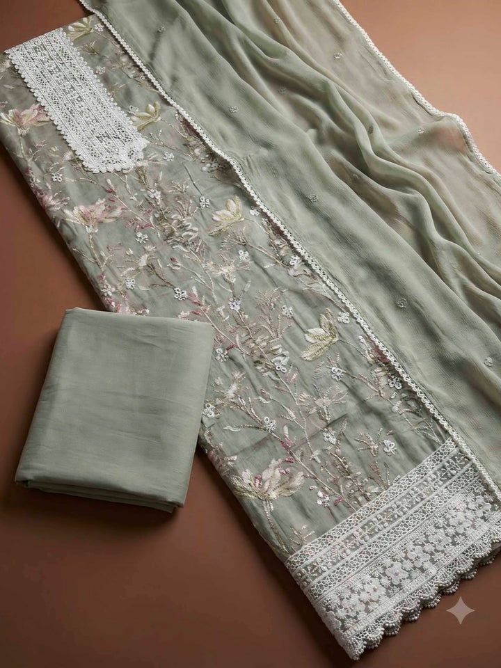 Grey Cotton Blend Printed Unstitched Dress Material
