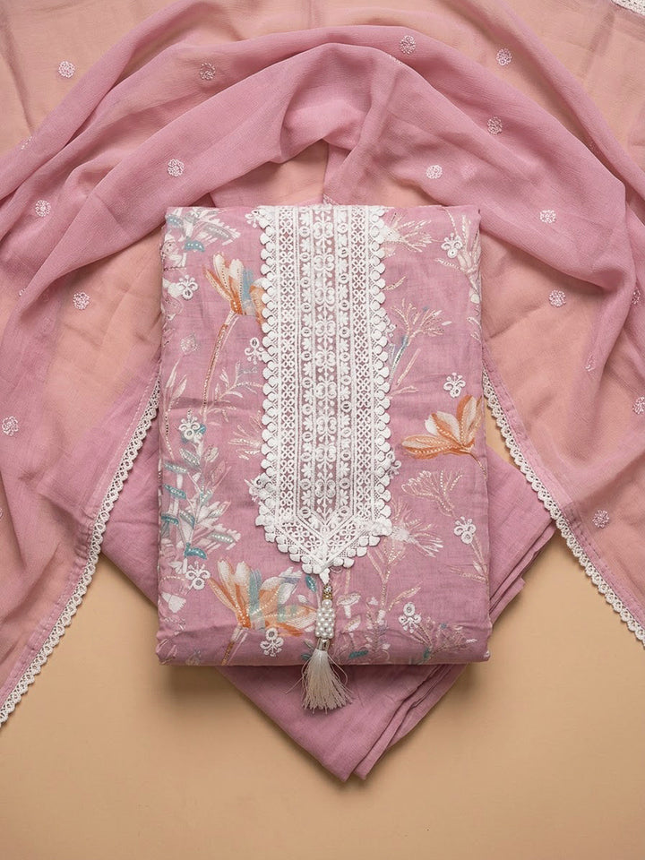 Onion Pink Cotton Blend Printed Unstitched Dress Material