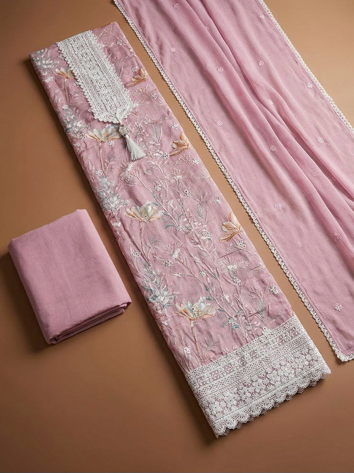 Onion Pink Cotton Blend Printed Unstitched Dress Material