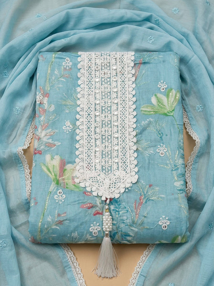 Sky Blue Cotton Blend Printed Unstitched Dress Material