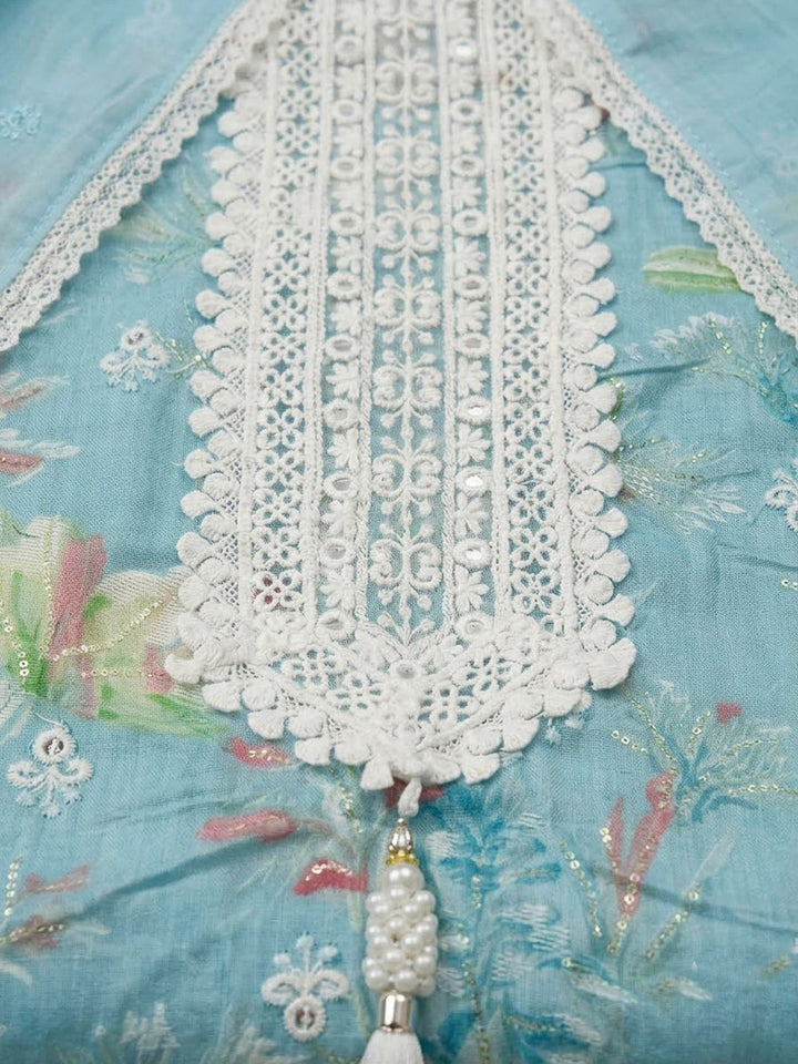 Sky Blue Cotton Blend Printed Unstitched Dress Material