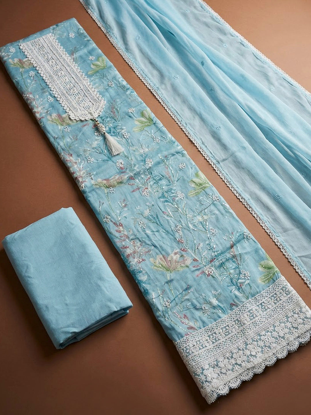Sky Blue Cotton Blend Printed Unstitched Dress Material