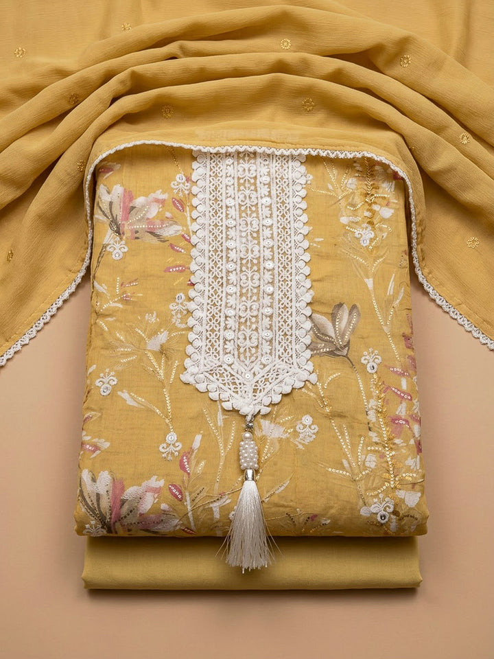 Yellow Cotton Blend Printed Unstitched Dress Material