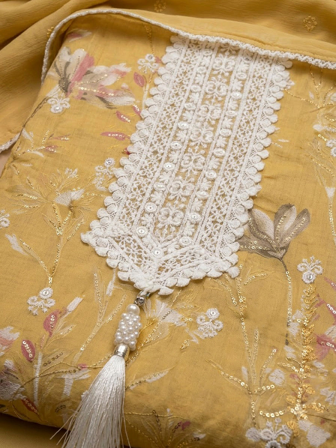 Yellow Cotton Blend Printed Unstitched Dress Material