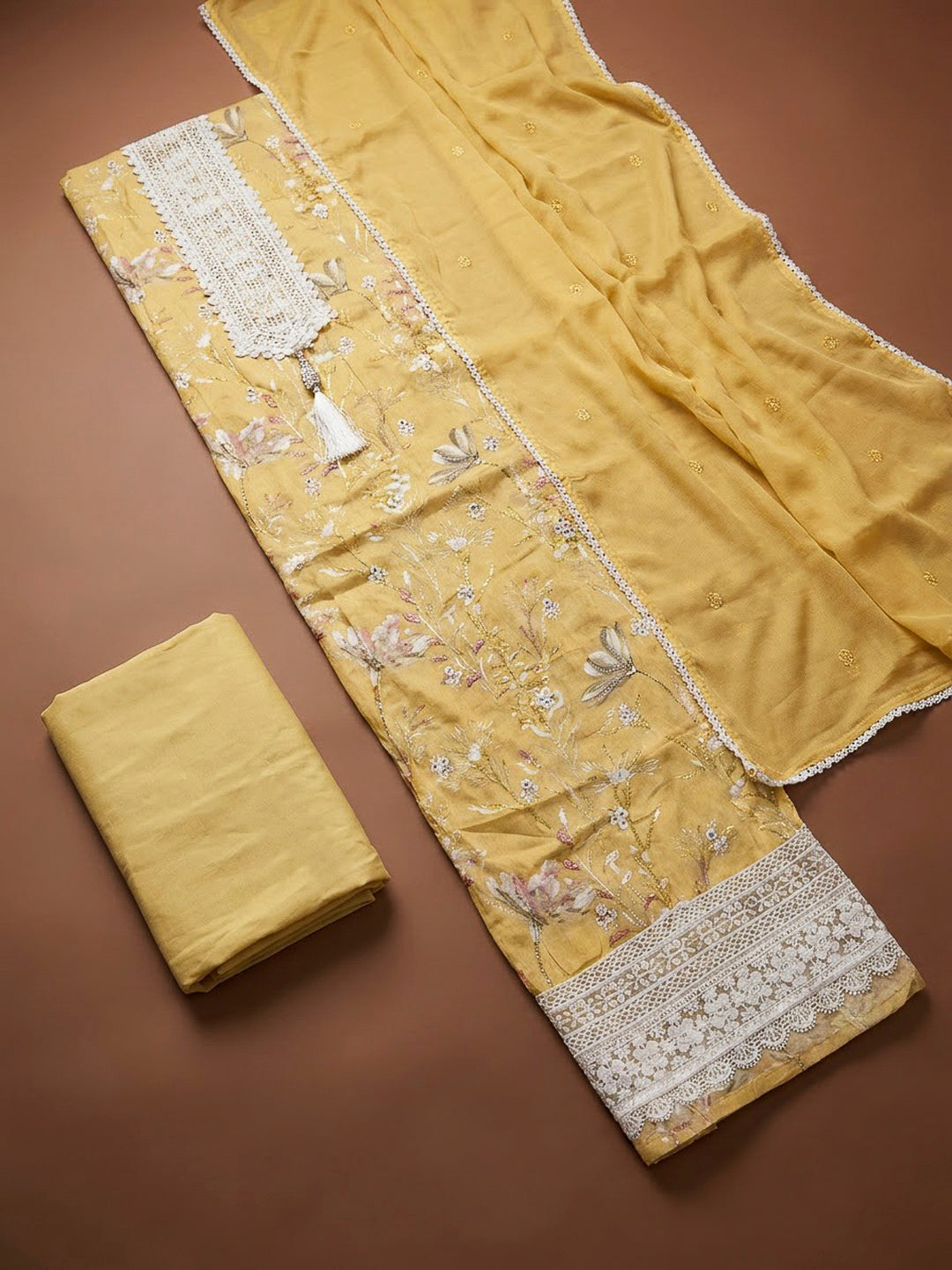 Yellow Cotton Blend Printed Unstitched Dress Material