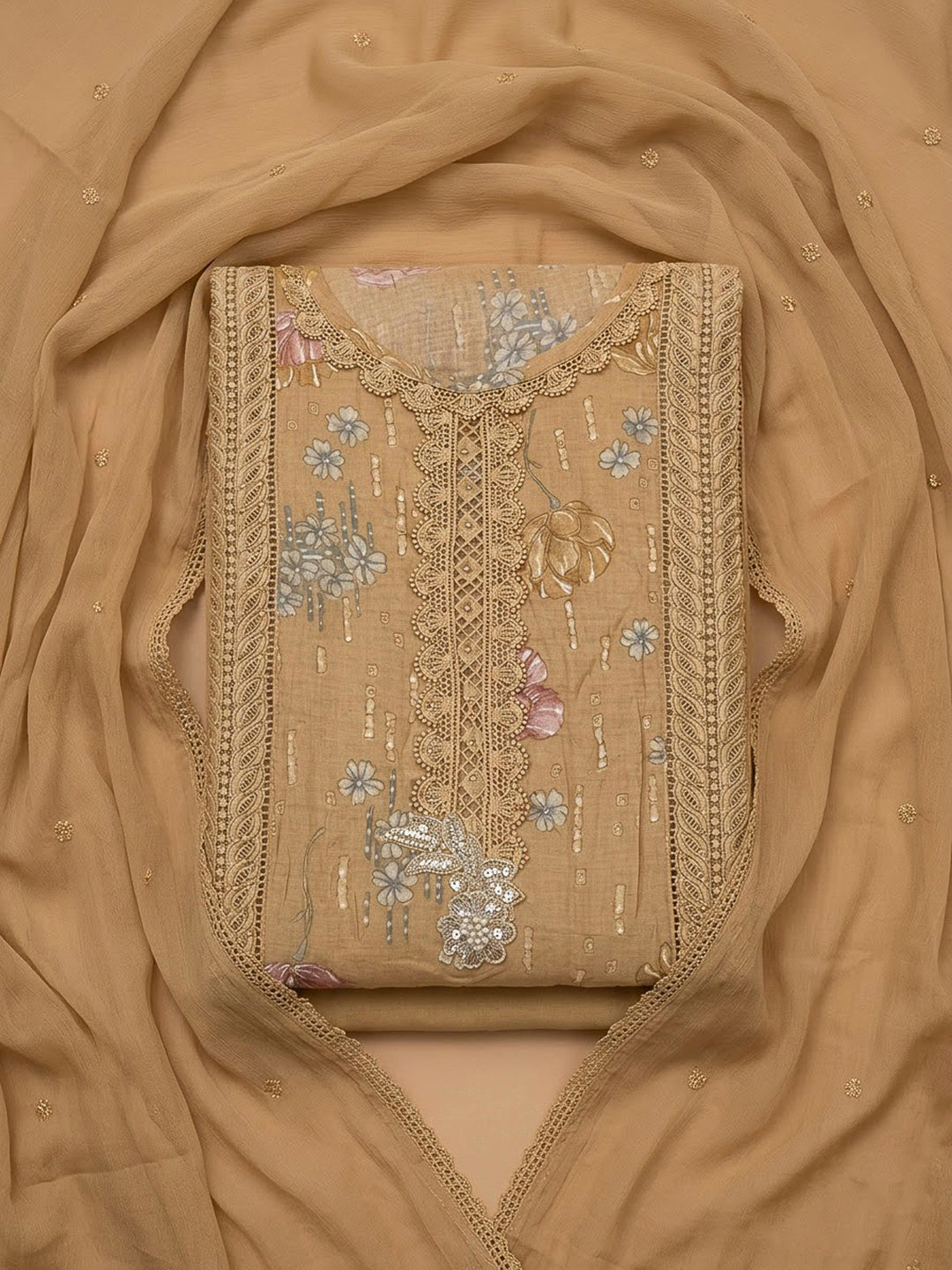 Beige Cotton Blend Embroidered Unstitched Dress Material