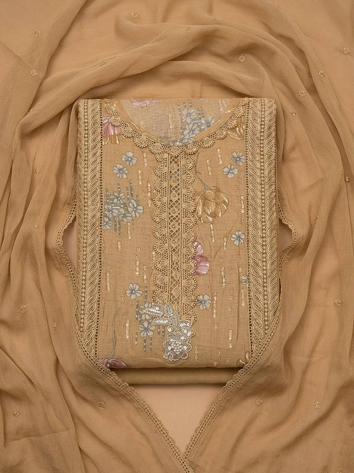 Beige Cotton Blend Embroidered Unstitched Dress Material
