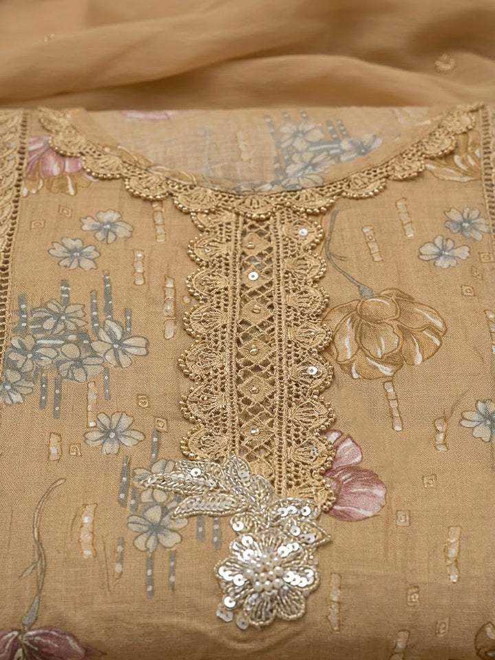 Beige Cotton Blend Embroidered Unstitched Dress Material