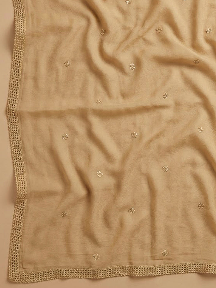 Beige Cotton Blend Embroidered Unstitched Dress Material